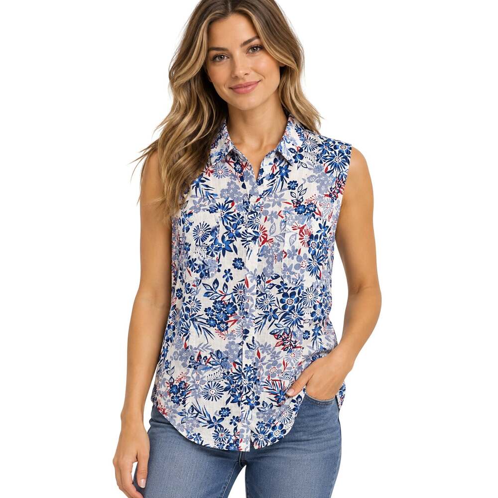 Karen Scott M red white blue floral sleevless button up career casual summer top